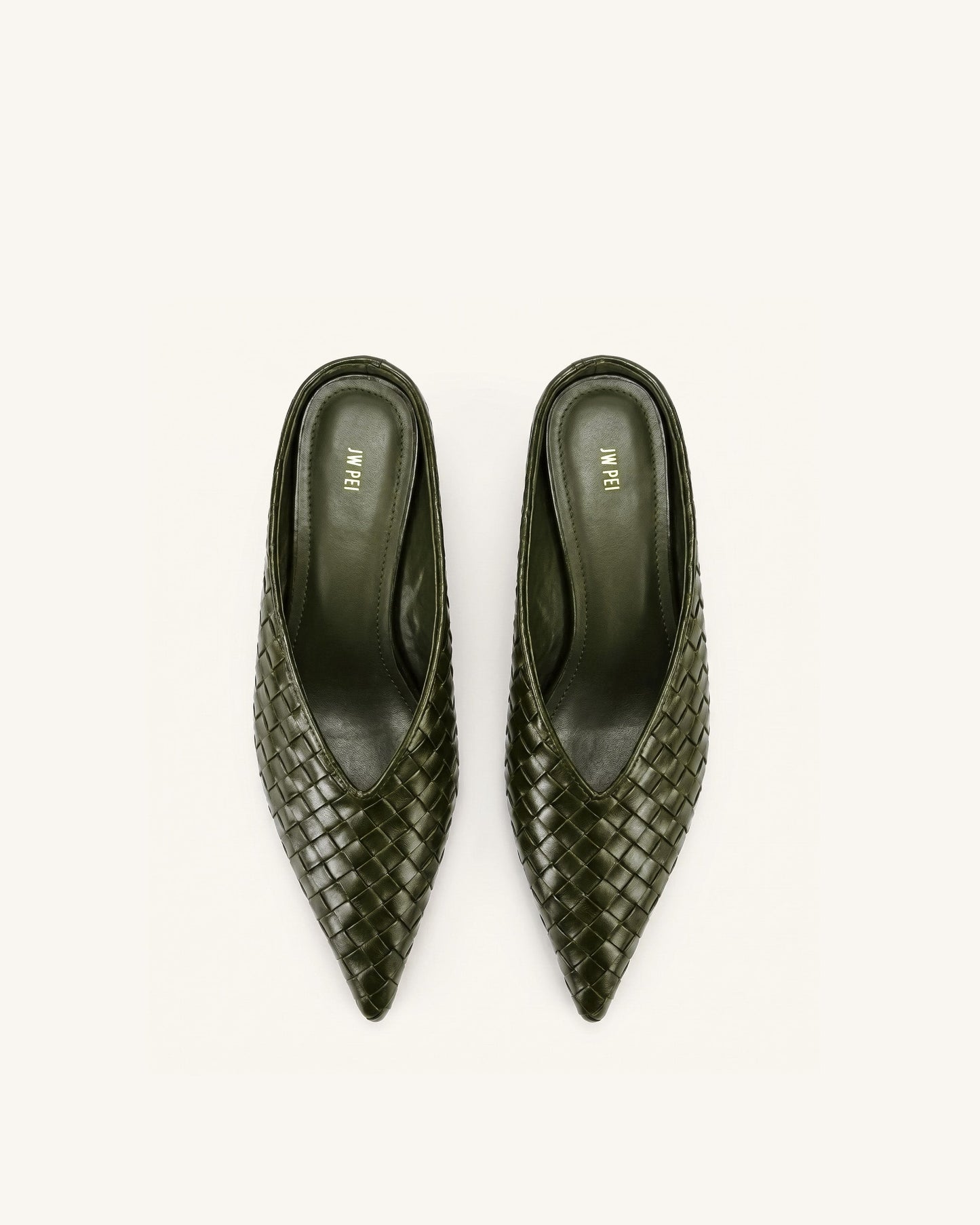 Helena Woven Textured Pointed Toe Mules - Olive Green