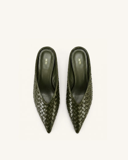 Helena Woven Textured Pointed Toe Mules - Olive Green