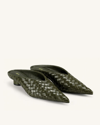 Helena Woven Textured Pointed Toe Mules - Olive Green