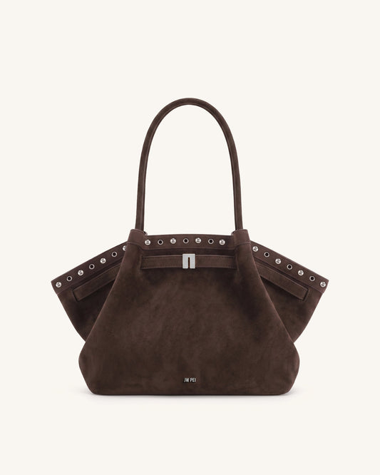 Hana Medium Faux Suede Tote Bag - Dark Chocolate Brown