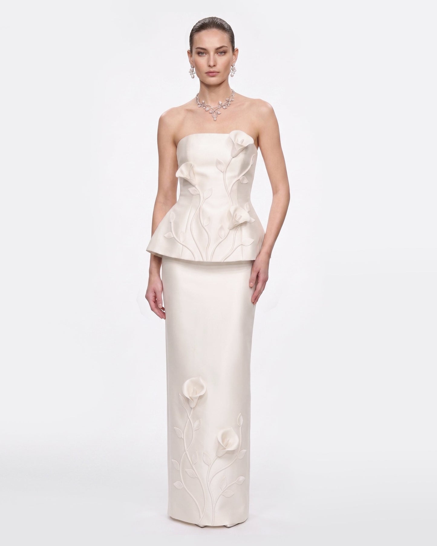 Floral Appliqué Vine Maxi Skirt - White