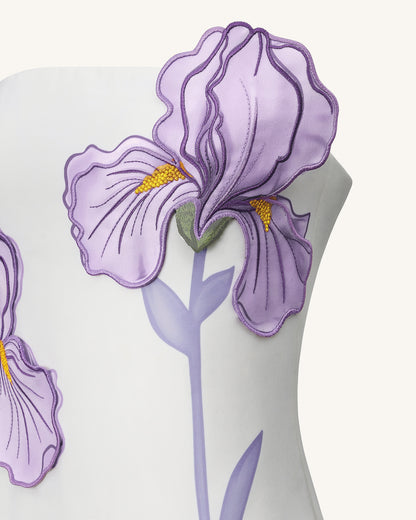 Iris Çiçek Desenli Straplez (Askısız) Elbise - Beyaz
