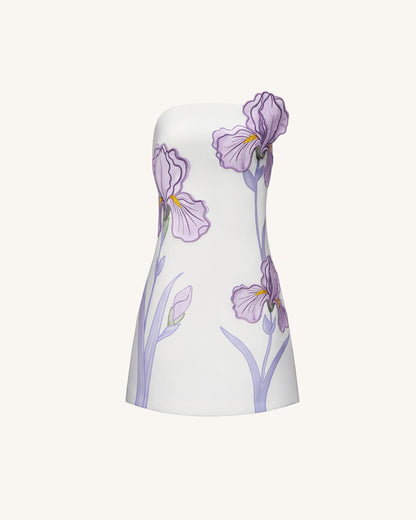 Iris Çiçek Desenli Straplez (Askısız) Elbise - Beyaz