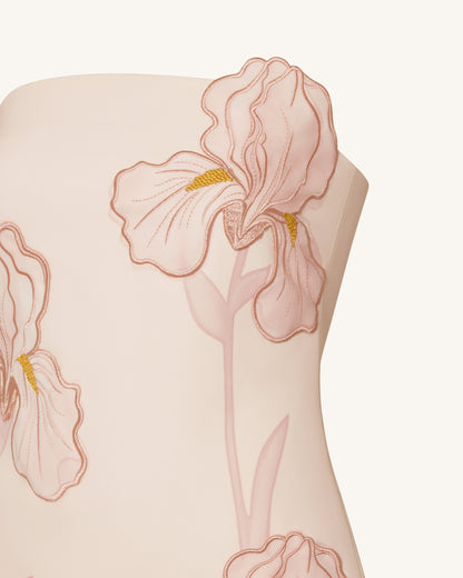 Iris Çiçek Desenli Straplez (Askısız) Elbise - Pembe