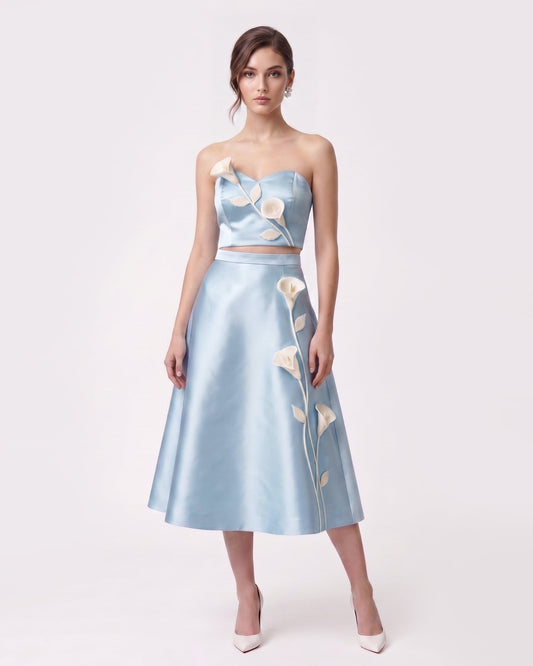 Floral Appliqué Satin Midi Skirt - Light Blue
