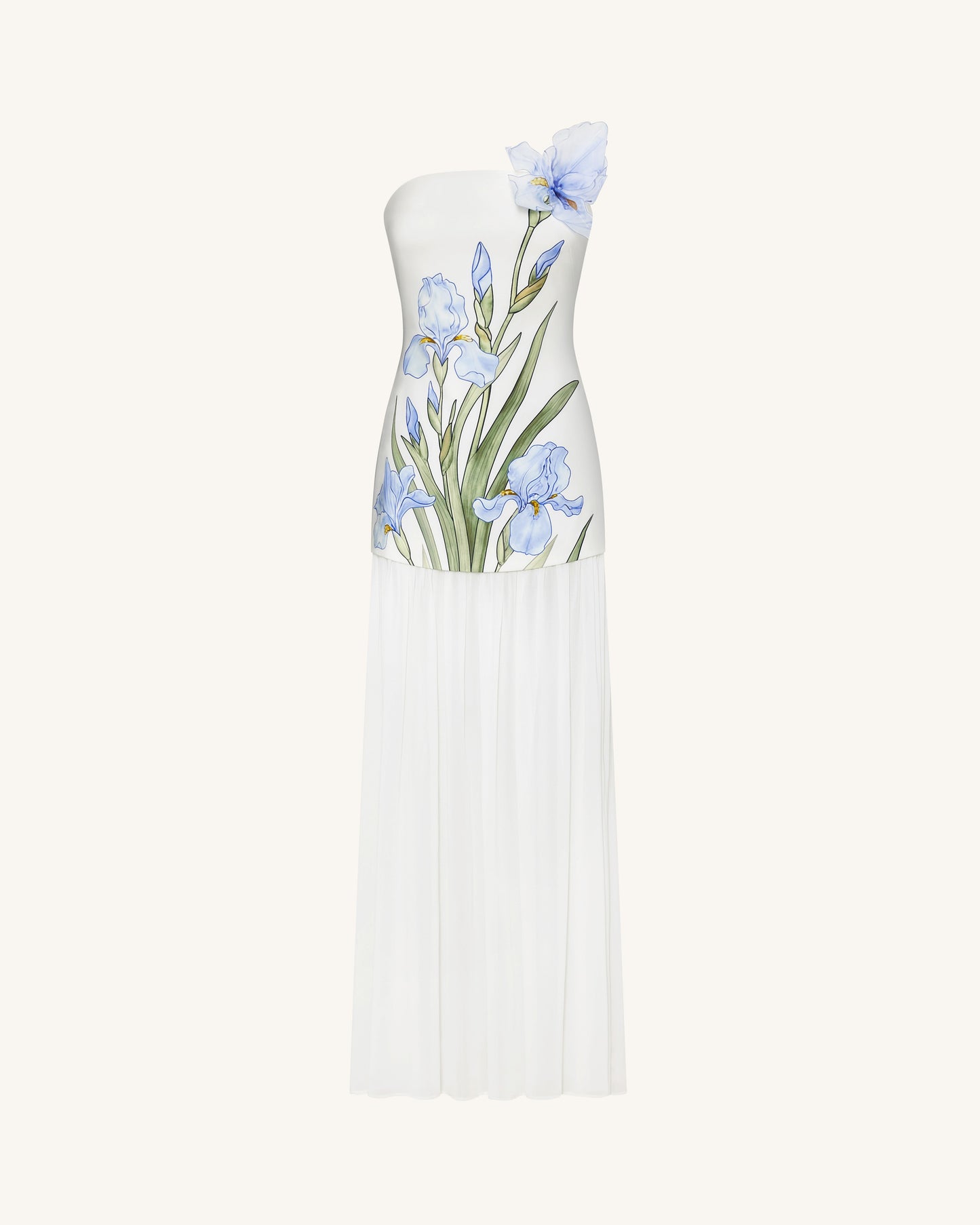 Çiçek Desenli Straplez (Askısız) Mixed Maxi Elbise - Fildişi