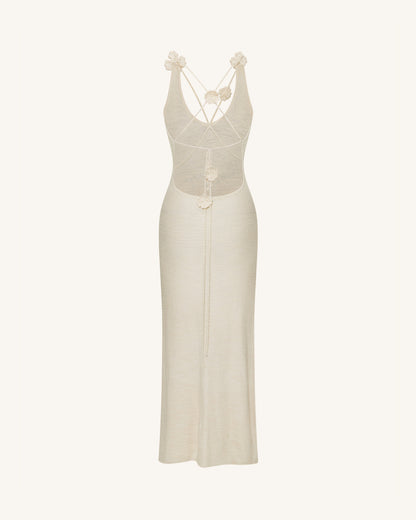 Dokulu Triko Halter Yaka Maxi Elbise - Krem