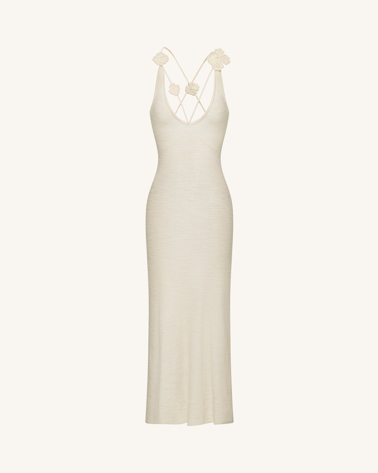 Dokulu Triko Halter Yaka Maxi Elbise - Krem