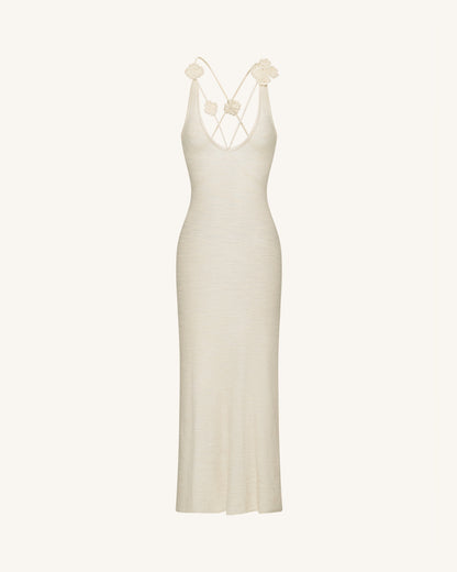 Dokulu Triko Halter Yaka Maxi Elbise - Krem