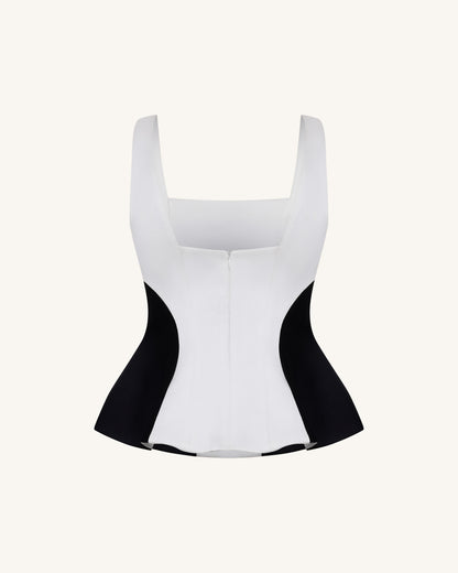 Tek Renk Panelli Kare Yaka Peplum Üst / Bluz - Siyah