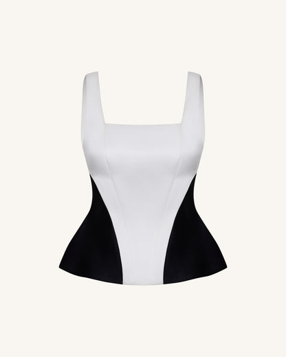 Tek Renk Panelli Kare Yaka Peplum Üst / Bluz - Siyah