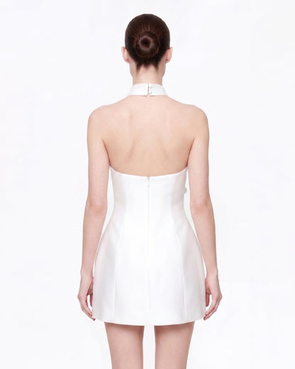 3D Floral Halter Mini Dress - White