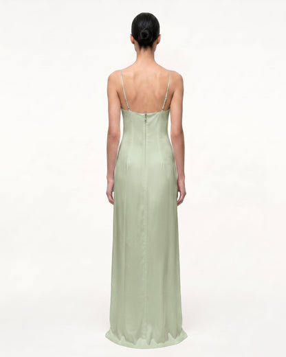 Iris Motifli Saten Slip (Askılı) Abiye Elbise - Açık Green/Purple
