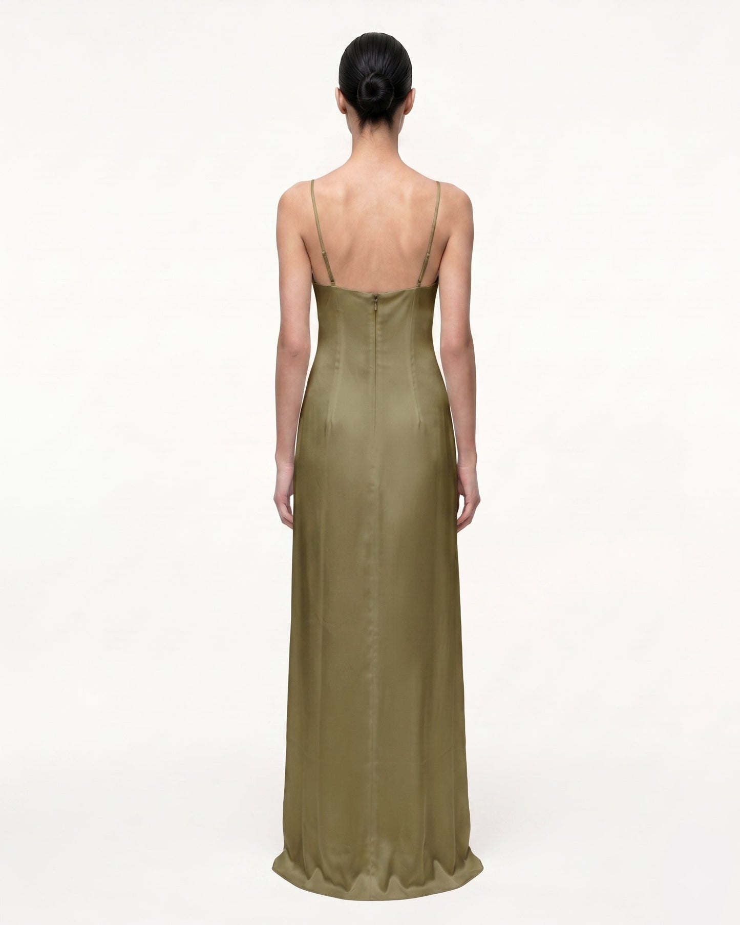 Iris Motifli Saten Slip (Askılı) Abiye Elbise - Zeytin Yeşili Yeşil