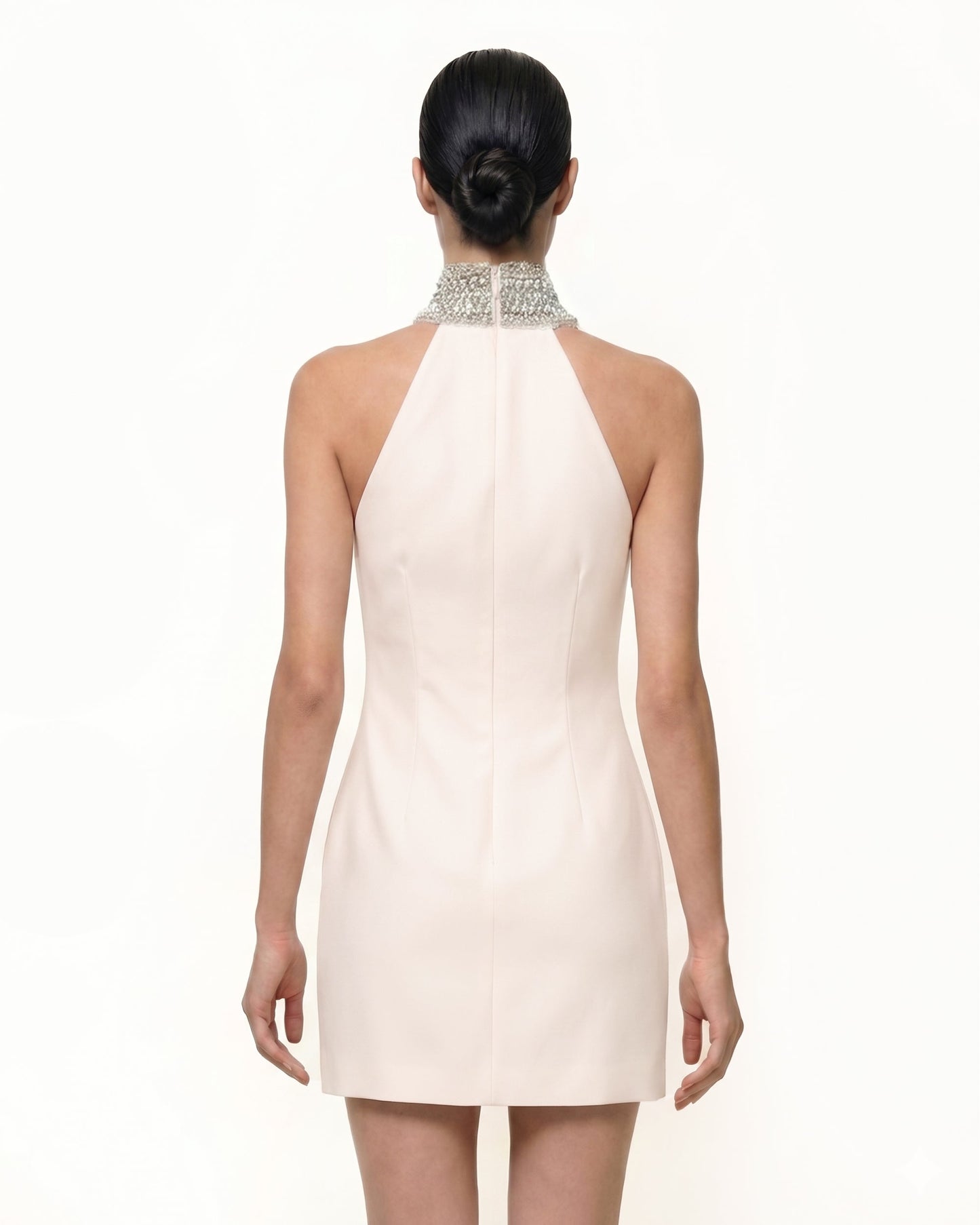Taşlı Halter Yaka Iris Motifli Elbise - Ivory/Pink