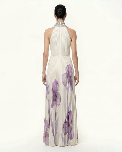 Taşlı Yaka Halter Yaka Pilili Iris Desenli Maxi Elbise - White/Purple