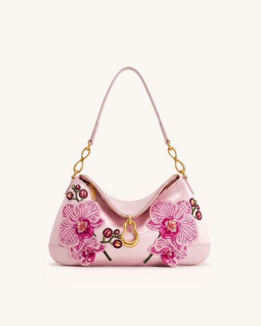 Jayla Metal Pendant Embellished Orchid Embroidered Shoulder Bag - Pink