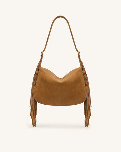 Avery Fringe Faux Suede Shoulder Bag - Brown