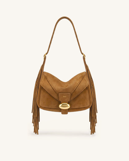 Avery Fringe Faux Suede Shoulder Bag - Brown