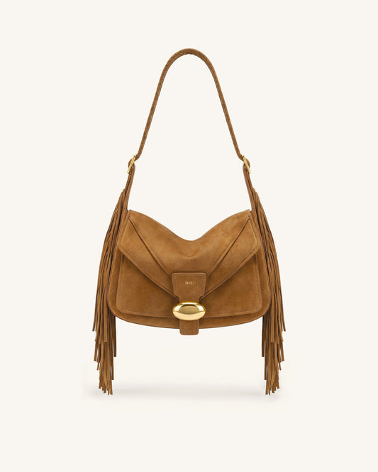 Avery Fringe Faux Suede Shoulder Bag - Brown