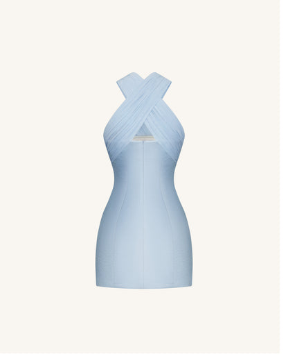 Saten Mini Elbise ile Tül Çapraz Halter - Mavi
