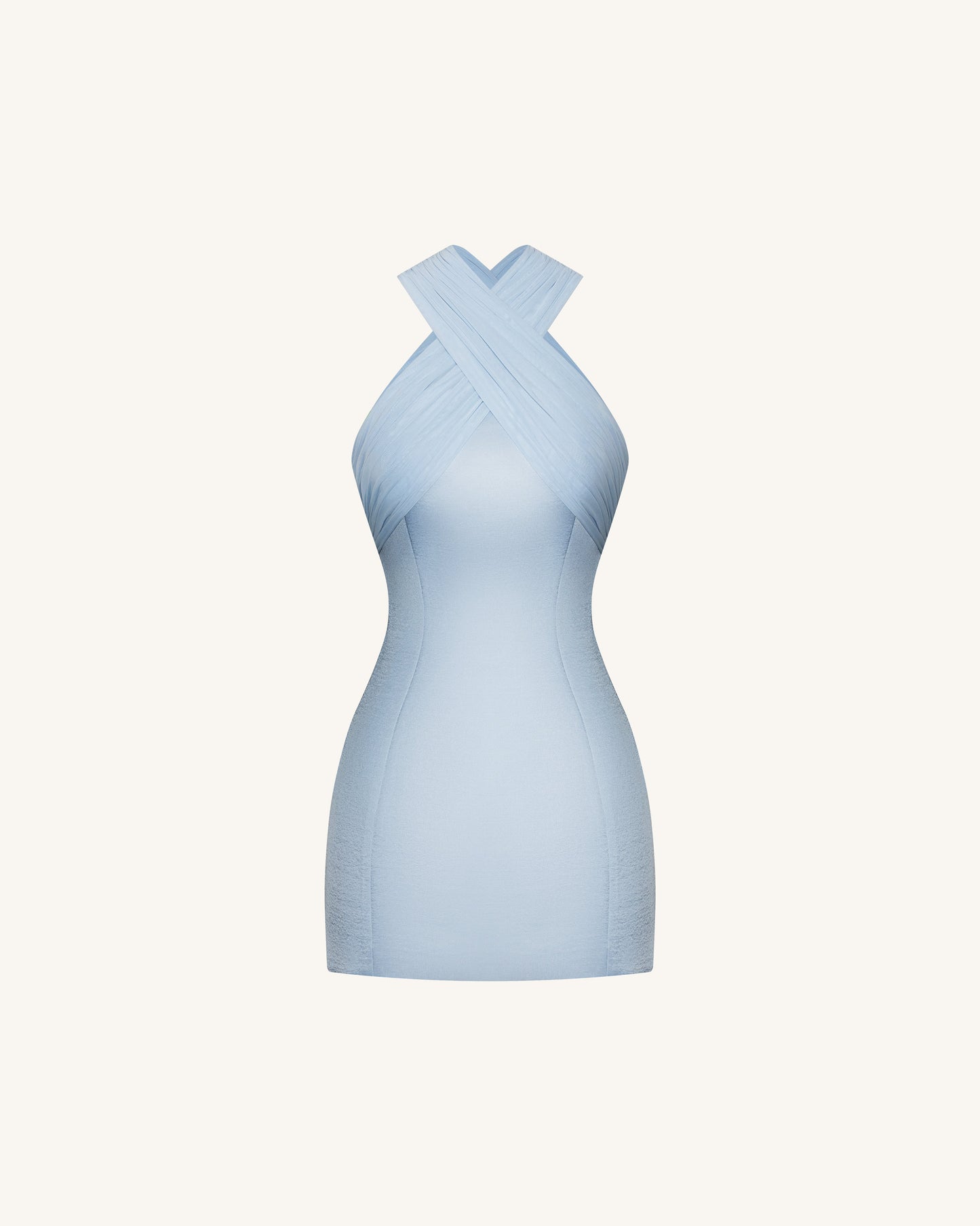 Saten Mini Elbise ile Tül Çapraz Halter - Mavi