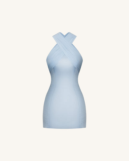 Saten Mini Elbise ile Tül Çapraz Halter - Mavi