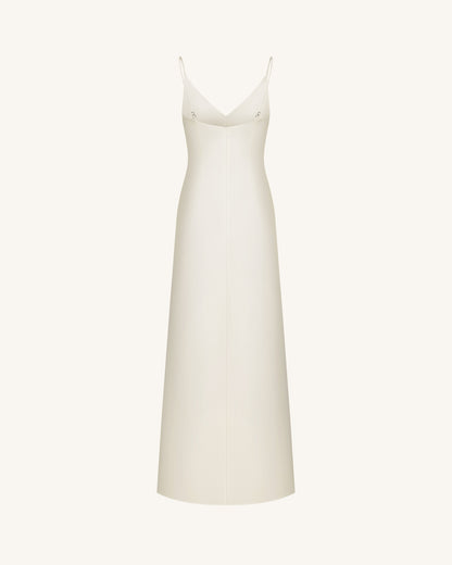 Iris Motifli Saten Slip (Askılı) Abiye Elbise - Beyaz