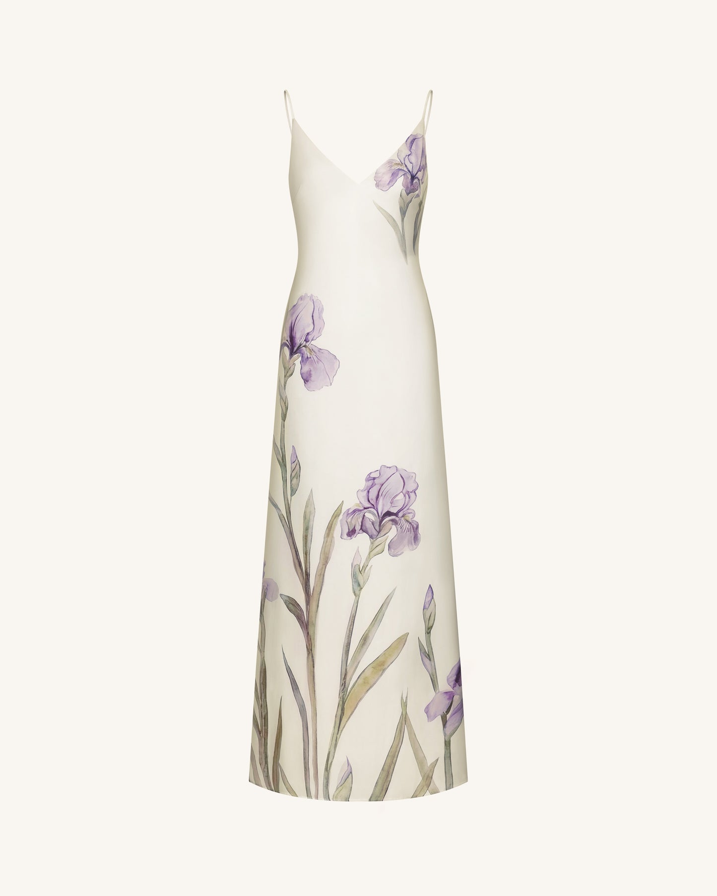 Iris Motifli Saten Slip (Askılı) Abiye Elbise - Beyaz