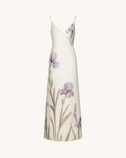 Iris Motifli Saten Slip (Askılı) Abiye Elbise - Beyaz