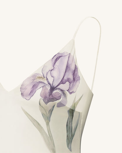 Iris Motifli Saten Slip (Askılı) Abiye Elbise - Beyaz