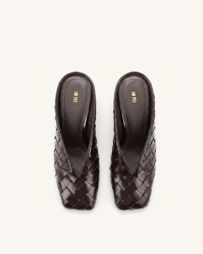 Ellie Woven Square-Toe Mule Heels - Dark Brown