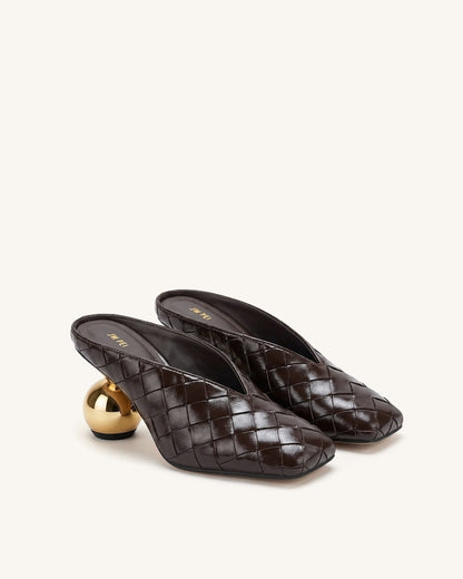 Ellie Woven Square-Toe Mule Heels - Dark Brown