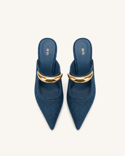Sofia Metal Accent Sphere Heel Mules - Denim Blue