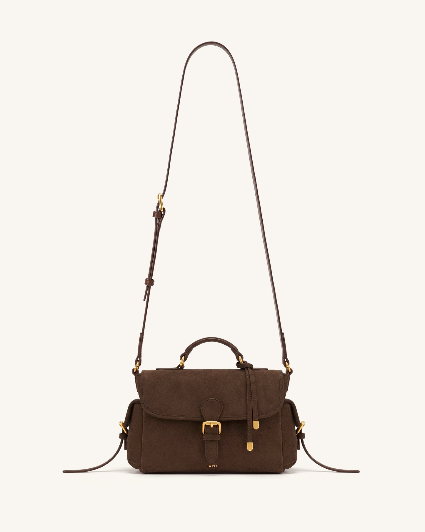 Marina Faux Suede Flap Multi-Pocket Top Handle Crossbody Bag - Dark Brown