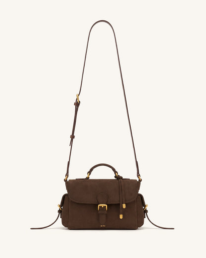 Marina Faux Suede Flap Multi-Pocket Top Handle Crossbody Bag - Dark Brown
