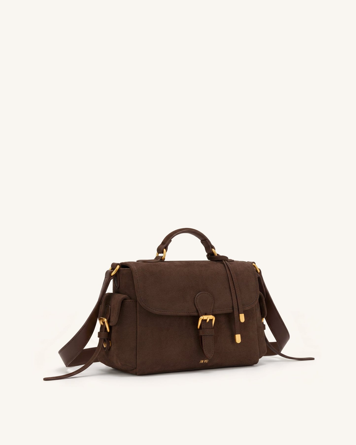 Marina Faux Suede Flap Multi-Pocket Top Handle Crossbody Bag - Dark Brown