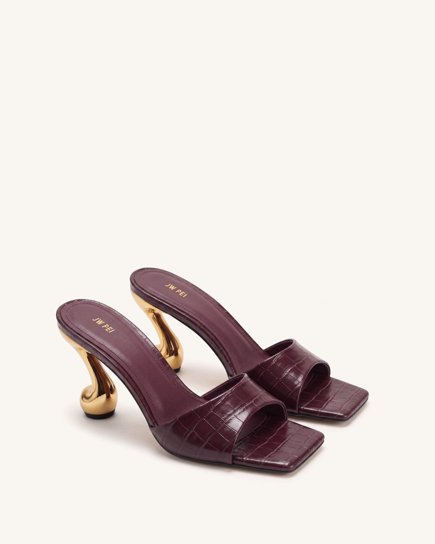 Hannah Croc-Embossed Heel Mules - Burgundy