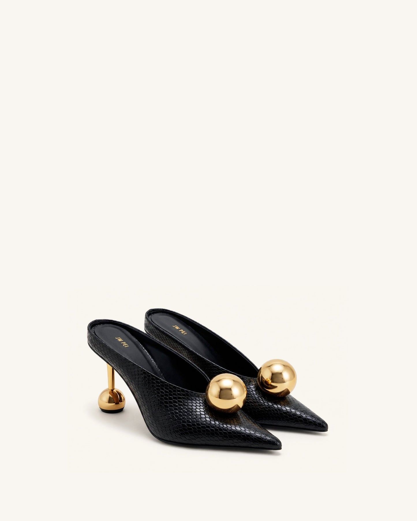 Sofia Angled Vamp Snakeskin Heel Mules - Black
