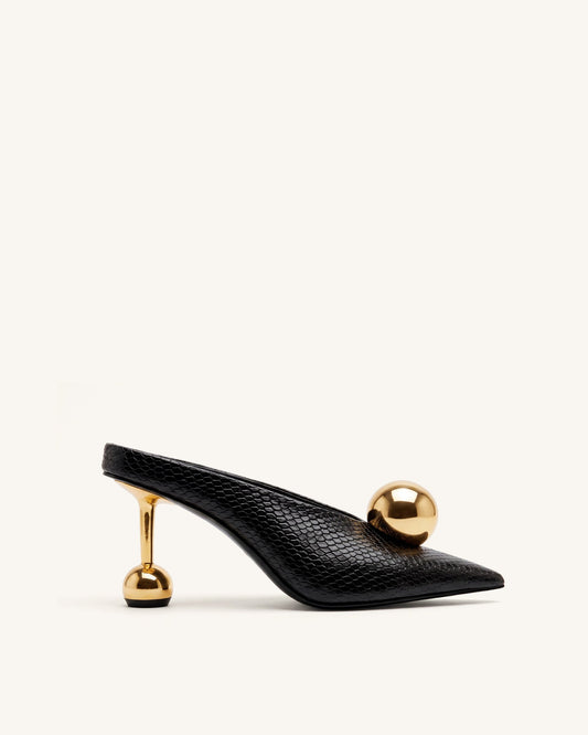Sofia Angled Vamp Snakeskin Heel Mules - Black