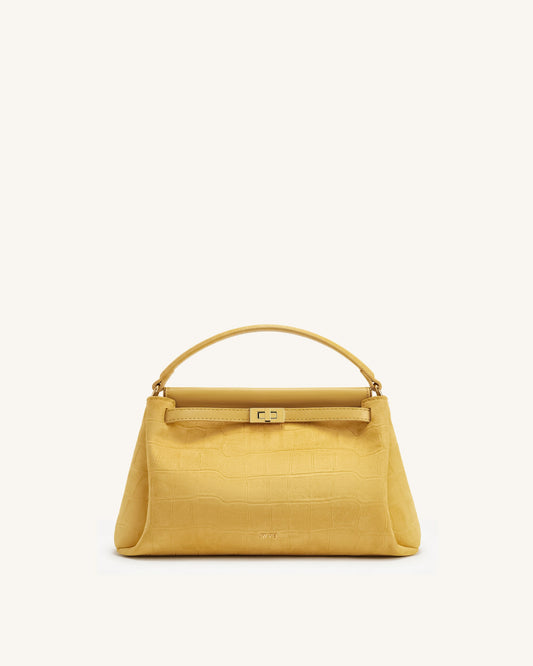 Carmen Faux Suede Croc-Embossed Top Handle Bag - Yellow