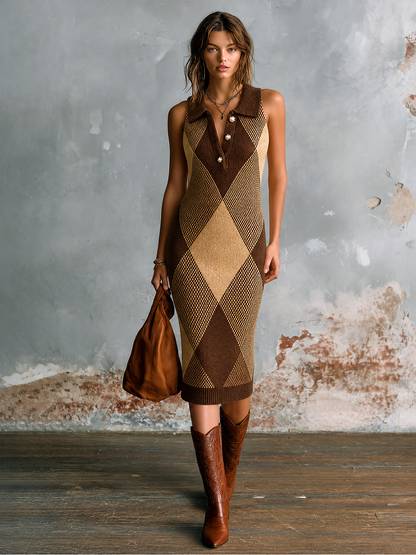 Noeva Paris Chic Zarif Kahverengi Yaka-Yaka Düğmeli Baklava Desenli Elmas Jakarlı Kolsuz Slim-Fit Örgü Midi Elbise