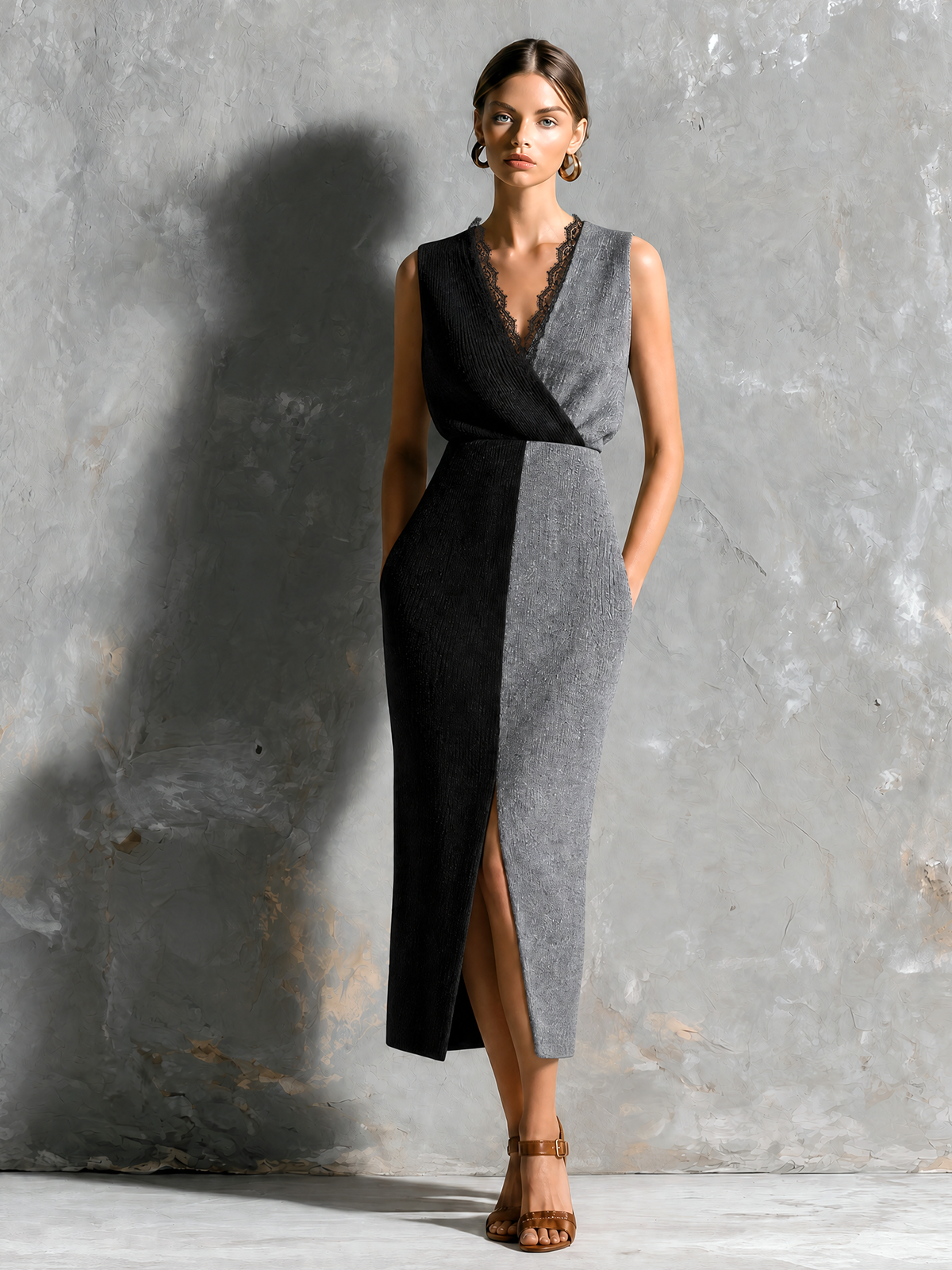 Noeva Paris Chic Zarif Siyah-Gri Blok Renk Şal V Yaka Dantel Trim Kolsuz Slim-Fit Örgü Midi Elbise