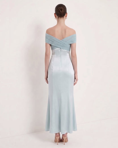 Pilili Çapraz Halter Saten Maxi Elbise - Pastel Mavi
