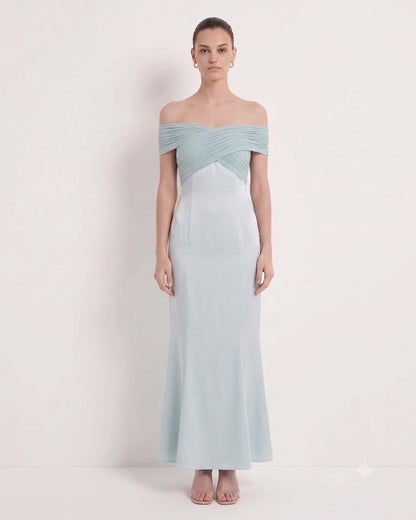 Pilili Çapraz Halter Saten Maxi Elbise - Pastel Mavi