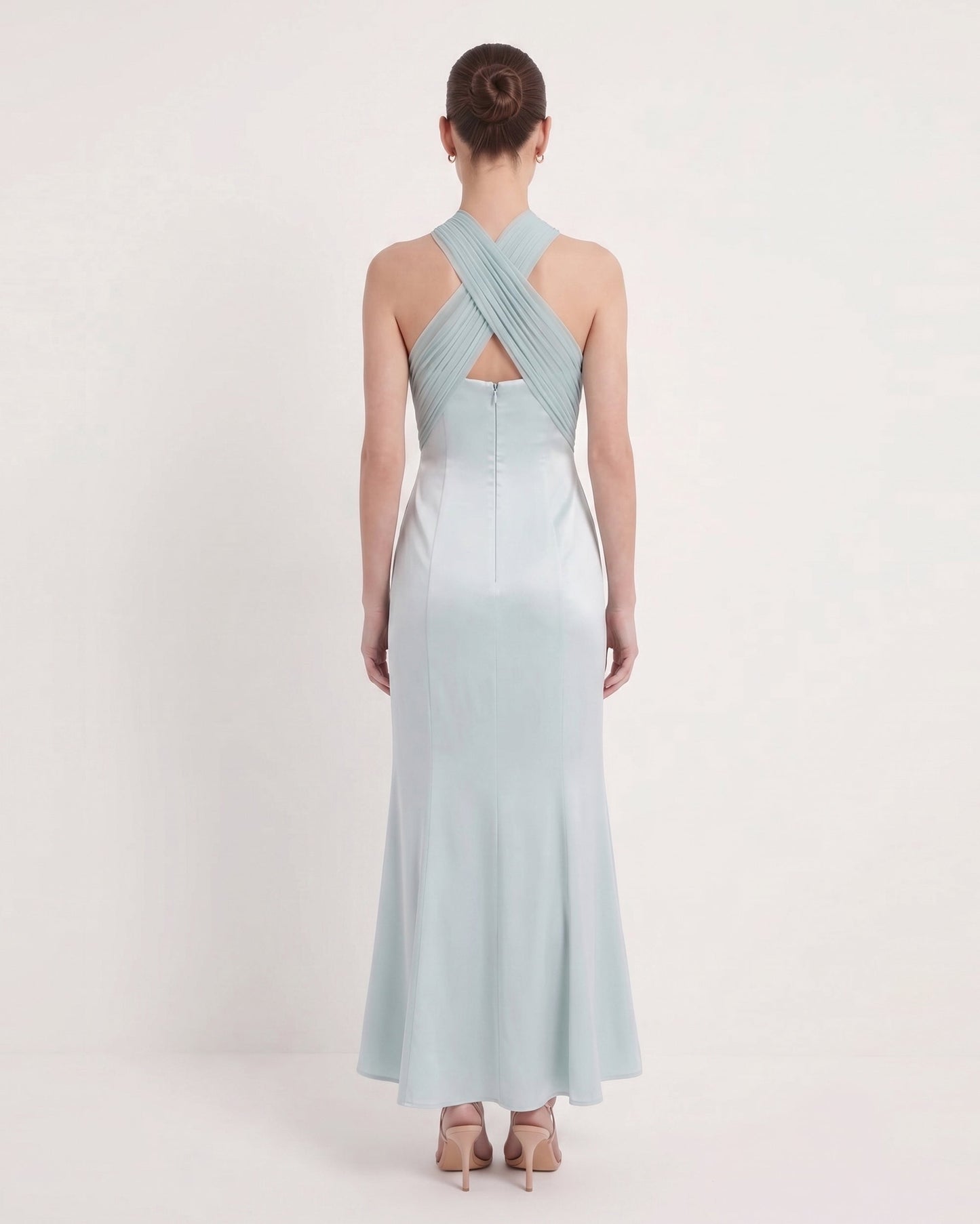 Pilili Çapraz Halter Saten Maxi Elbise - Pastel Mavi