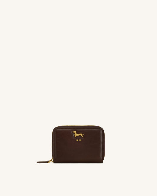 Maeve Dachshund Metal Emblem Zip Wallet - Chocolate