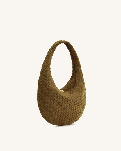 Nola Faux Suede Woven Hobo Shoulder Bag - Olive Green