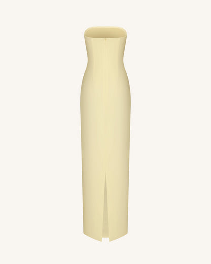 Çiçek Desenli Aplikeli Straplez (Askısız) Elbise - Sarı
