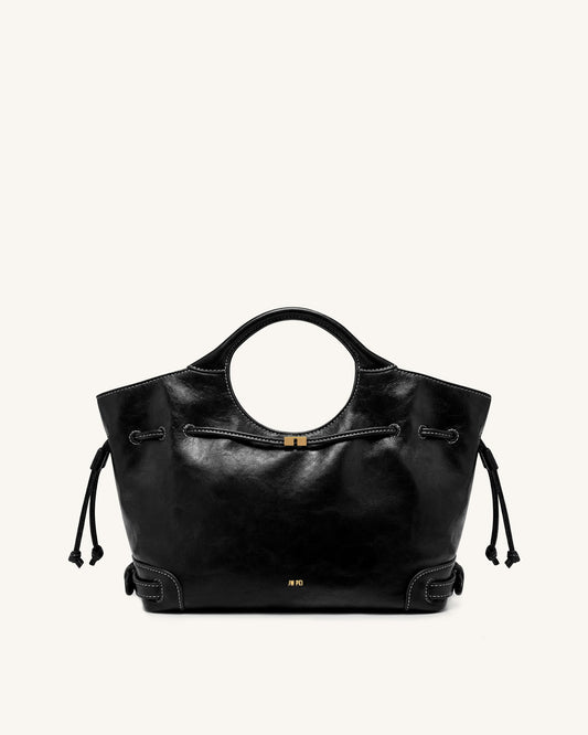 Virelle Waxed Vegan Leather Drawstring Tote Bag - Black